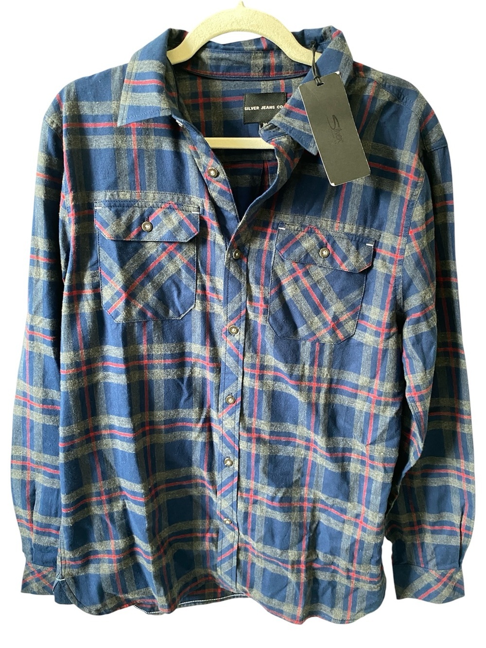 Men’s Silver Jeans Blue & Red Plaid Button-Up Flannel Shirt M